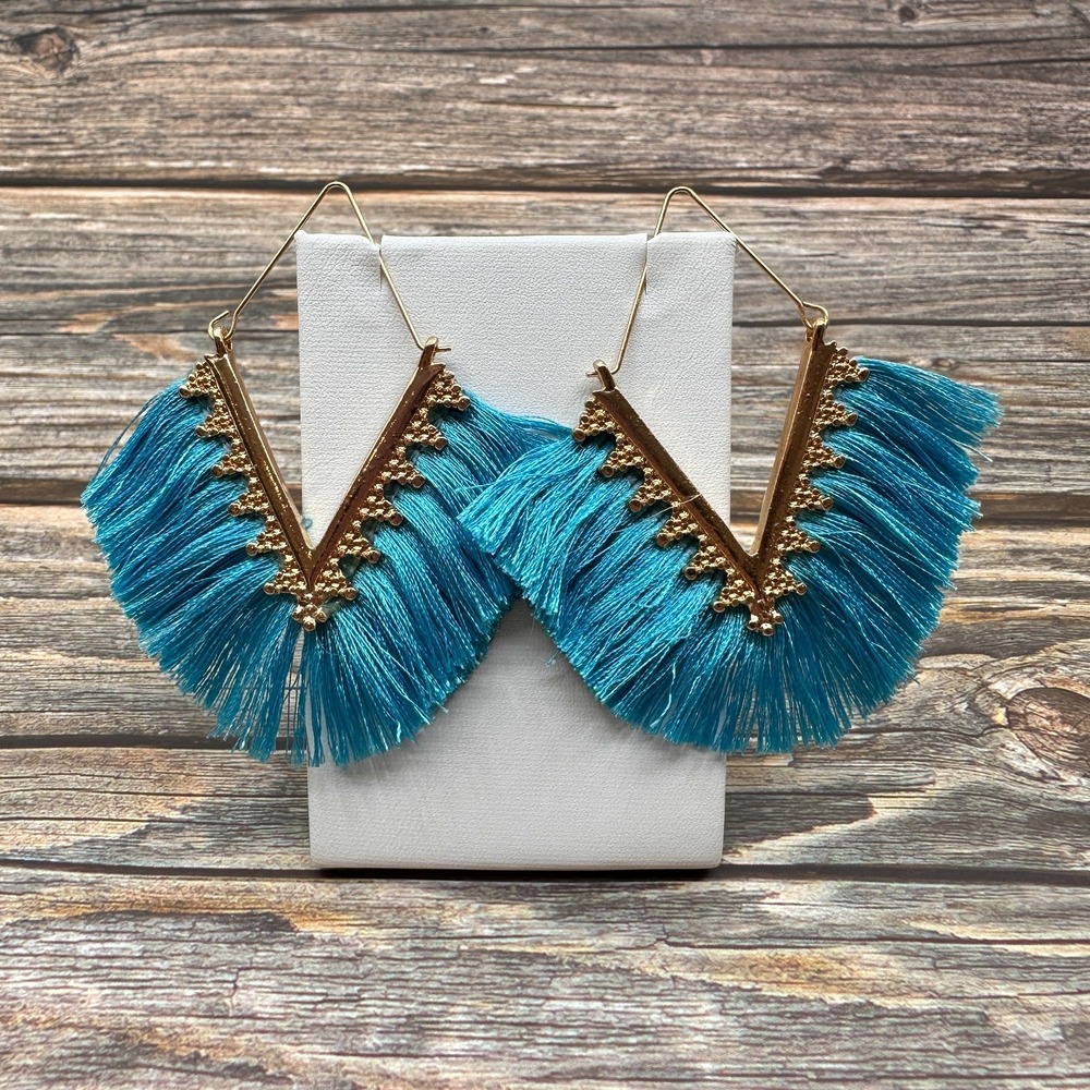 Blue Tassel Fringe Earrings Gold Tone Geometric Boho Statement Festival Gift